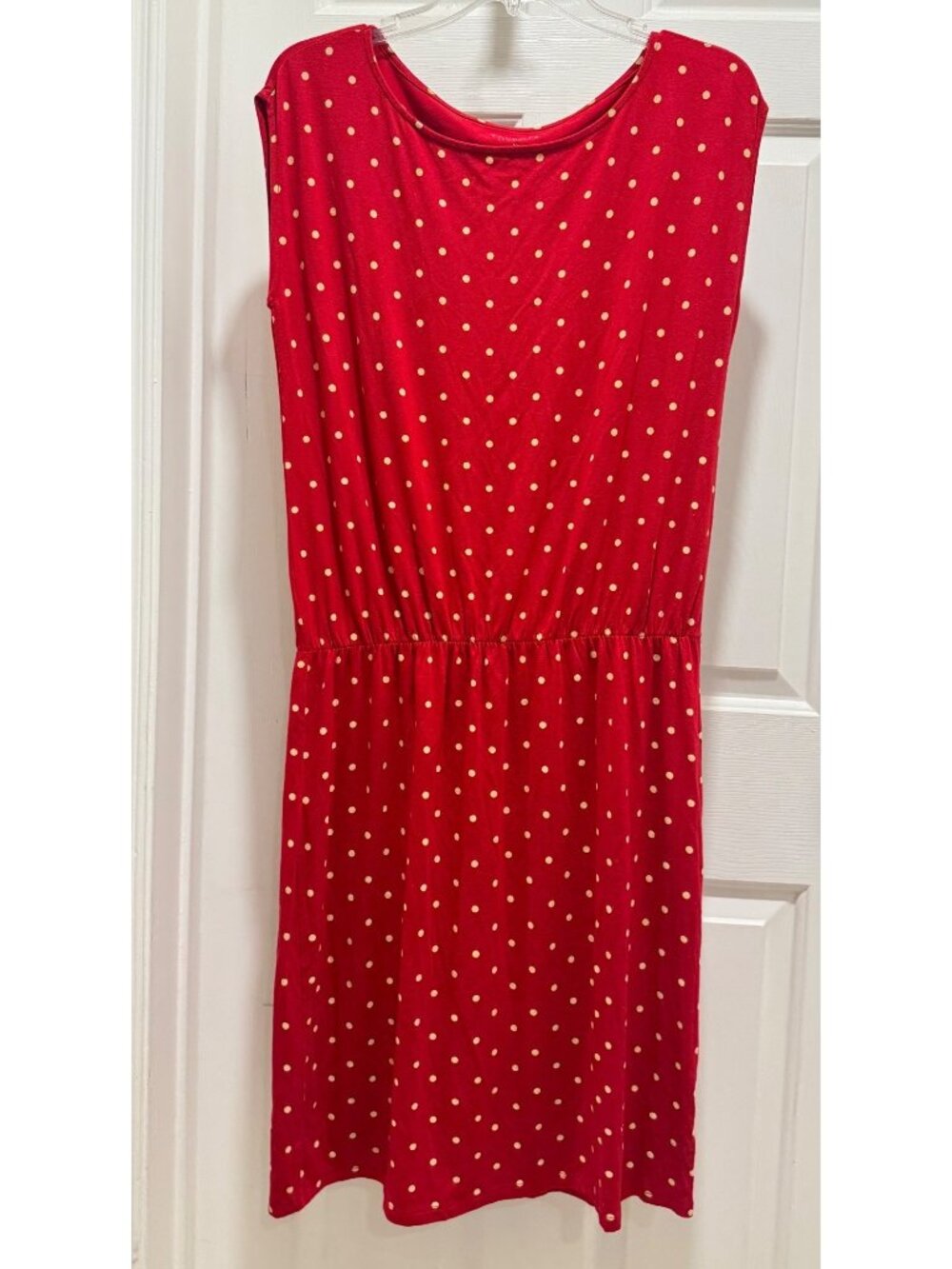 Talbots Petite Medium MP red cream polka dot jersey knit dress sleeveless rayon